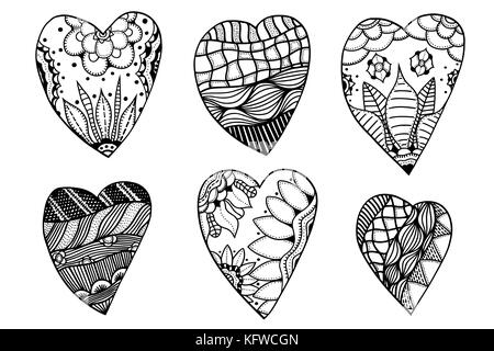 Ensemble de cœurs dessinés à la main dans un style monochrome zentangle. modèle pour livre à colorier. coloriages pour des profils anti stress. made by tracé à partir de croquis. val Illustration de Vecteur