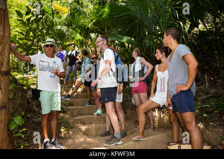 Les Seychelles, Praslin, Anse Marie-Louise, Fond Ferdinand réserve naturelle, les touristes en appui sur sentier nature Banque D'Images