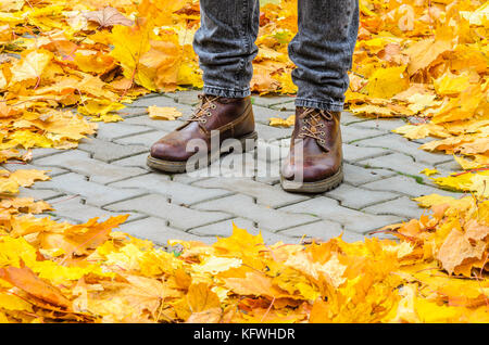 Les jambes dans des bottes marron en cuir entre les feuilles d'érable tombé sur un revêtement en béton gris. à pied dans le parc de l'automne. Banque D'Images