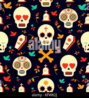 Le jour des morts mexicain modèle homogène. Illustration de style moderne de couleur plate icônes emoji, inclut le coeur yeux crâne, fleurs et tombe. spe1 Illustration de Vecteur