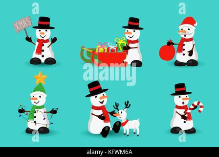 Vacances de Noël Bonhomme de neige mignon ensemble de dessins de caractères dans différentes poses et d'émotions. Comprend l'hiver, traîneau de rennes, le père Noël. eps10 vector. Illustration de Vecteur