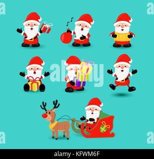 Vacances de noël père noël mignon ensemble de dessins de caractères dans différentes poses et d'émotions. Comprend l'hiver, traîneau de rennes, des boîtes-cadeaux. eps10 vect Illustration de Vecteur