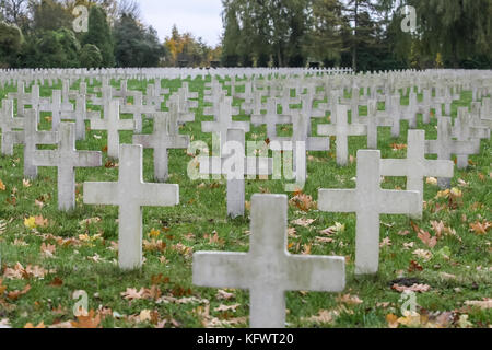 Gdansk, Pologne. 1er novembre 2017. Une vue générale du cimetière militaire français de Gdansk, en Pologne est vu sur 1 novembre 2017 les gens paient à l'honneur des soldats français sont morts dans l'occasion de la toussaint (wszystkich swietych. Le cimetière détient 1152 organismes, dont 329 qui n'ont pas été identifiés. Parmi eux il y a des prisonniers de guerre, les combattants de la résistance ou des déportés politiques, des recrues de la service du travail obligatoire, des Alsaciens enrôlés de force dans l'armée allemande et des fugitifs qui s'étaient enfuis de camps de détention et qui se sont battus avec la résistance polonaise. crédit : Michal fludra/ Banque D'Images