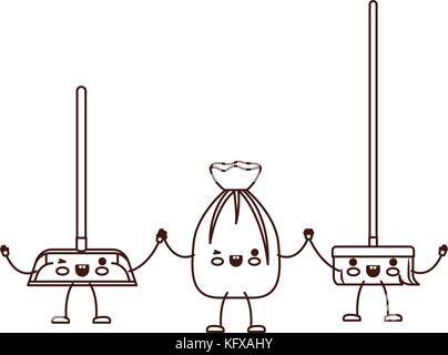 Kawaii cartoon sac à déchets et d'un balai et ramasse-poussière liée holding hands in silhouette brown Illustration de Vecteur