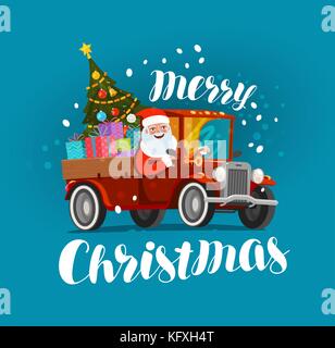 Joyeux Noël, carte de voeux. Joyeux Père Noël roule dans une voiture rétro chargée de cadeaux. Illustration vectorielle de Noël Illustration de Vecteur