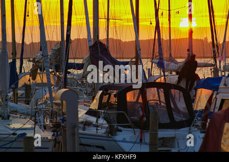 Yachts dans la marina au coucher du soleil avec les mâts et le gréement silhouetté contre le ciel du soir Banque D'Images