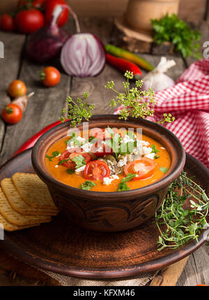 Soupe de crème au four purée de tomates, aubergines, poivrons, oignon rouge. L'alimentation végétarienne saine. Style rustique Banque D'Images