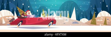 Voiture rétro conduite santa avec arbre vert et présente dans la forêt d'hiver joyeux noël et bonne année poster background Illustration de Vecteur