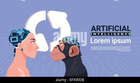 Avec tête de singe femelle et cyborg moderne sur le cerveau de la mise à jour inscrivez-aroows concept d'intelligence artificielle Illustration de Vecteur