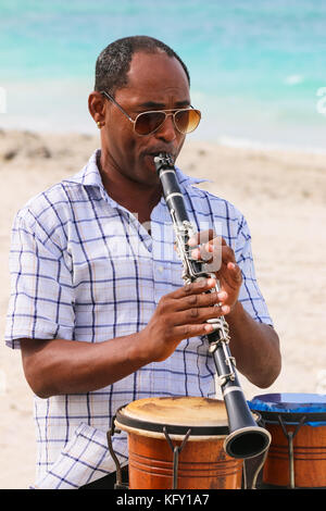 Musicien en lunettes de soleil et chemise à carreaux jouant de la clarinette sur le fond de l'océan Banque D'Images