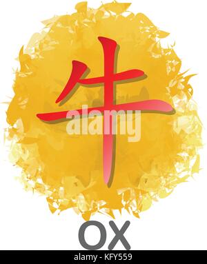 Mot chinois rouge symbole d'Ox Zodiac année calendrier sur fond d'aquarelle d'or pour vector graphic design concept Illustration de Vecteur