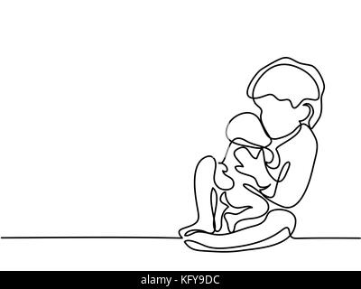 Dessin de ligne continue. Heureux bébé fille jouant avec son nouveau-né frère. Vector illustration Illustration de Vecteur