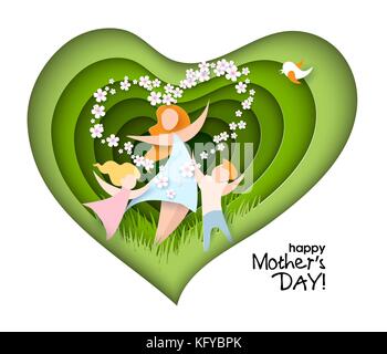 Happy Mothers Day card. Coupe papier créatif avec maman fond silhouette et son enfant avec des fleurs. Vector illustration avec belle femme et bab Illustration de Vecteur