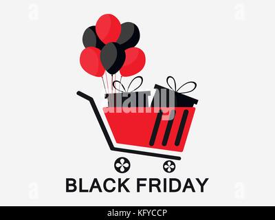 Vendredi noir. chariot avec cadeaux et ballons. noir et rouge couleur. vector illustration Illustration de Vecteur