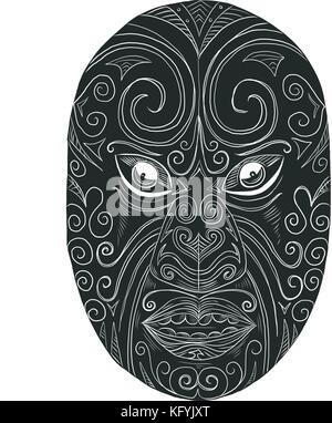 Illustration d'un style scratchboard masque maori à la féroce avec la bouche ouverte et les yeux protuding fait sur scraperboard sur fond isolé. Illustration de Vecteur