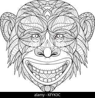 Zentagle inspiré et embrouillé mandala illustration d'un primate chef de chimpanzé, bonobo ou chimpanzé vue de l'avant sur fond d'isolés. Illustration de Vecteur