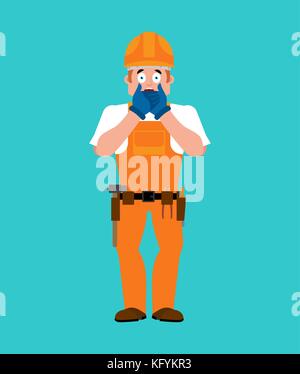 Builder omg. casque de protection au travailleur oh mon dieu. Le service militaire travailleur surprise. vector illustration Illustration de Vecteur