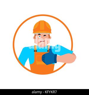 Builder Thumbs up. travailleur dans l'emoji winks casque de protection militaire travailleur. Le service gai. vector illustration Illustration de Vecteur