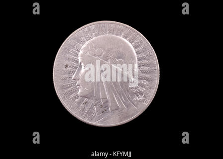Pièce polonaise en argent ancien (Reine Yadviga, 5 zloty, 1933). Avers (de pièce de monnaie). Banque D'Images