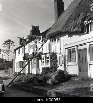 Années 1950, historique photo montre un homme d'une échelle d'escalade thatcher transportant quelques nouvelles de la chaume sur son épaule pour mettre sur le toit d'un chalet, England, UK. Banque D'Images