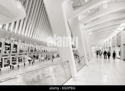 Vue de l'intérieur de l'Oculus, Westfield World Trade Centre en noir et blanc. Moyeu de Tranportation conçue par Santiago Calatrava. New York City Banque D'Images