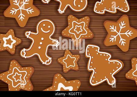 Gingerbread Man sur table en bois fond. joyeux noël carte postale avec des biscuits. Illustration de Vecteur