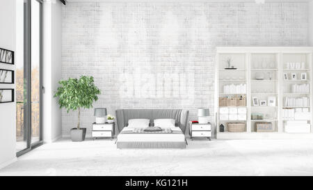 Scène avec tout nouvel intérieur en vogue avec rack blanc et moderne, lit. Le rendu 3d. entente horizontale. Banque D'Images