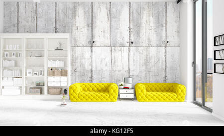 Scène avec tout nouvel intérieur en vogue avec rack blanc et jaune de la table. Le rendu 3d. entente horizontale. Banque D'Images