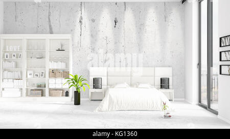 Scène avec tout nouvel intérieur en vogue avec rack blanc et moderne, lit. Le rendu 3d. entente horizontale. Banque D'Images
