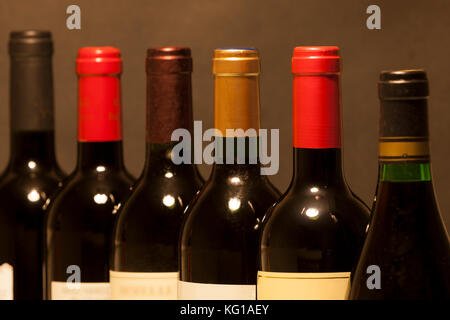 Selective focus sur les bouteilles de vin rouge dans une rangée Banque D'Images