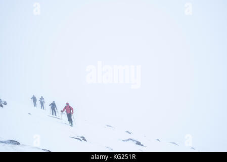 Ski de randonnée dans une tempête de neige white out à Cairngorm Mountain Ski Resort, le parc national de Cairngorms, en Écosse, Royaume-Uni, Europe Banque D'Images