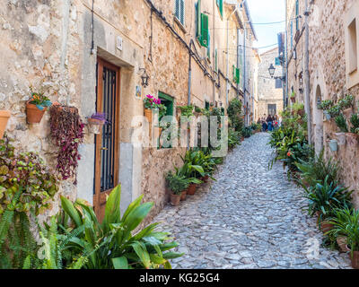 Rue avec fleurs, Valdemossa, Mallorca, Îles Baléares, Espagne, Méditerranée, Europe Banque D'Images