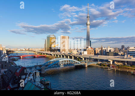 Skyline et Skytree sur la rivière Sumida, Tokyo, Japon, Asie Banque D'Images