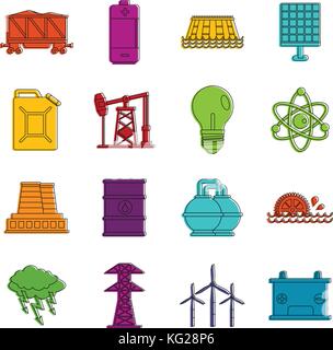 Sources d'énergie les icônes articles doodle set Illustration de Vecteur