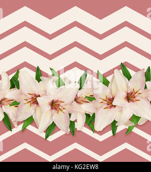 Lys rose et blanc sur la ligne de fond sans soudure en zigzag Banque D'Images