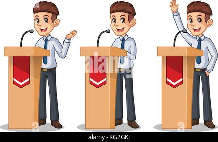 Ensemble de Businessman in shirt cartoon character design politicien orator orateur public communication présentation discours debout derrière tribune podium Illustration de Vecteur