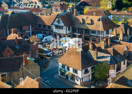 Ariel View,toits,marché,le Sandwich Sandwich Guildhall,Kent,UK,Angleterre, Banque D'Images