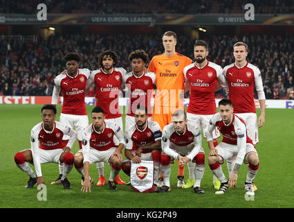 Groupe de l'équipe Arsenal (rangée supérieure gauche-droite) Ainsley Maitland-Niles, Mohamed Elneny, Reiss Nelson, gardien de but Matt Macey, Olivier Giroud, Rob Holding (rangée inférieure gauche-droite) Joe Willock, Francis Coquelin, Theo Walcott, Jack Wilshere, Mathieu Debuchy lors du match de l'UEFA Europa League à l'Emirates Stadium, Londres. APPUYEZ SUR ASSOCIATION photo. Date de la photo : jeudi 2 novembre 2017. Voir PA Story SOCCER Arsenal. Le crédit photo devrait se lire : John Walton/PA Wire Banque D'Images