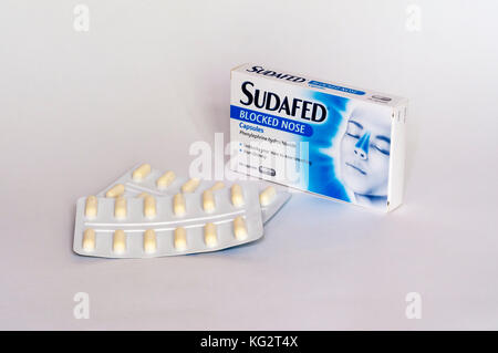 Les capsules SUDAFED sont un décongestant utilisé pour traiter les symptômes du rhume, de la sinusite et de la congestion nasale Banque D'Images