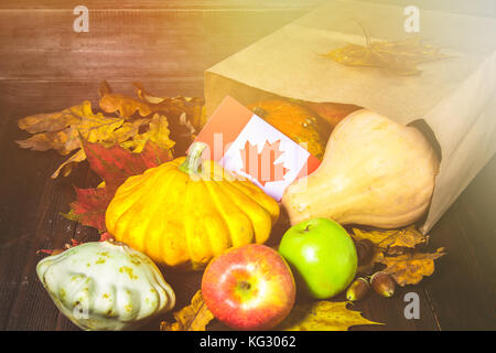 Heureux jour de Thanksgiving au canada. les légumes, citrouilles, courges, pommes, d'érable et de feuilles de chêne, glands sur un fond de bois d'automne jaune et la récolte. Banque D'Images