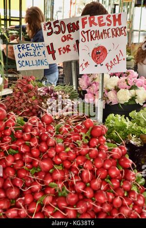 Les gens du shopping au vendeur des agriculteurs des stands lors de l'année, Ann Arbor Marché de producteurs à Kerrytown District du marché historique de Ann Arbor, Michigan, USA. Banque D'Images