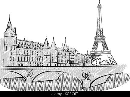 Paris, France célèbre croquis de voyage. Dessin Dessin à la main. Conception de carte de vœux, vector illustration Illustration de Vecteur