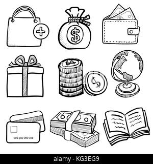 Ensemble d'doodle sur papier fond set 1, pour les affaires, le shopping, la vente et l'financial concept-vector hand drawn. Illustration de Vecteur