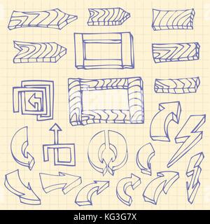 Flèches dessiné à la main et en bois, sur l'arrière-plan de la page bloc-notes quadrillé icons set de doodle vector illustration Illustration de Vecteur