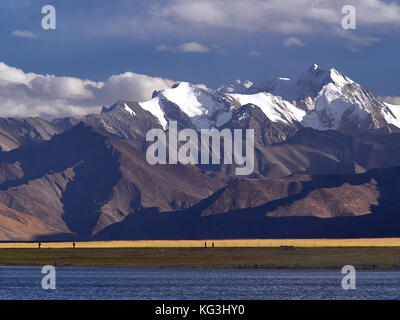 D'énormes montagnes marron sur la rive d'un lac bleu, des pointes de pics sont couverts de neiges éternelles et de glaciers, une soirée sur le lac Tso Moriri, ladak Banque D'Images