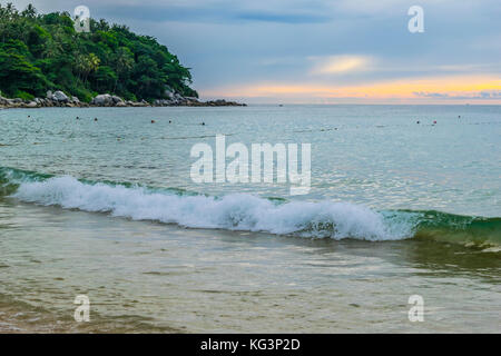 Magnifique coucher de soleil sur l'océan. scenic paysages coucher de soleil sur les vagues de l'océan les rochers et palmier. Banque D'Images