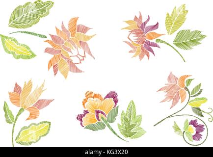 Ensemble de fantaisie avec motif floral de fleurs isolées. trait. vector illustration faites à la main. broderie éléments - fleurs, feuilles. Illustration de Vecteur