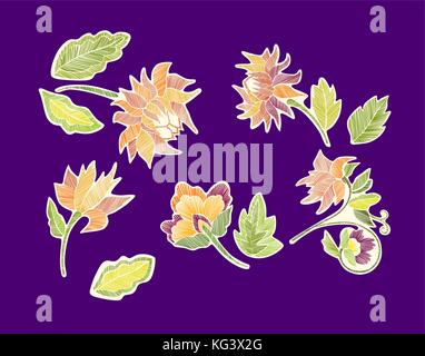 Ensemble de fantaisie avec motif floral de fleurs isolées. trait. vector illustration faites à la main. broderie éléments - fleurs, feuilles. Illustration de Vecteur