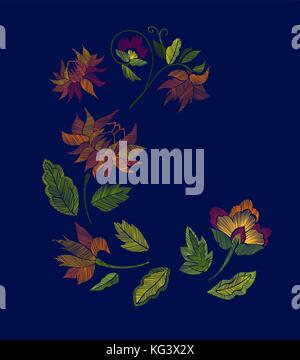 Ensemble de fantaisie avec motif floral de fleurs isolées. trait. vector illustration faites à la main. broderie éléments - fleurs, feuilles. Illustration de Vecteur