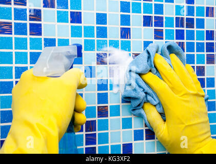 Personne les petits travaux dans la maison de nettoyage salle de bains au mur carrelé avec pulvérisateur et serviette en microfibre Banque D'Images